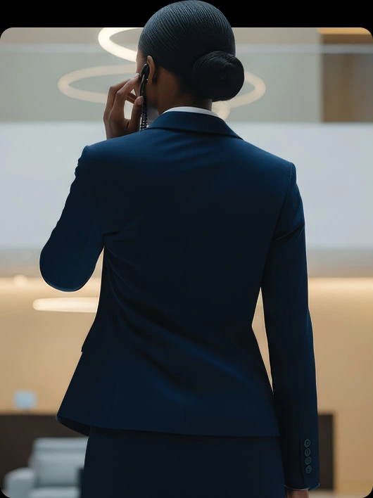 02-Une-Vision-de-laSerenite Femme de dos portant un costume bleu marine, apparemment en train de converser par un dispositif de communication dans un environnement moderne et épuré.